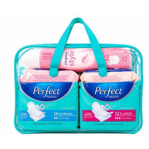 Perfect Trousse pour femme : 02 serviettes perfect ( 1 nuit et 1 jour) + 01 lot de lingette Démaquillante + 01 lot de lingettes intimes+ 01 lot de 80 disques de coton